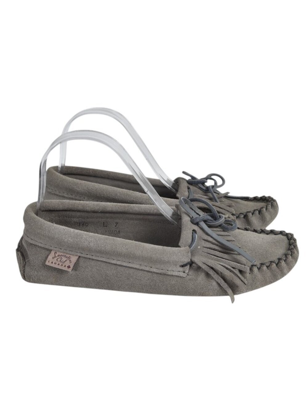 Laurentian Chief Canada Moccasins Spider Fringe Flap Suede Gray Size 7